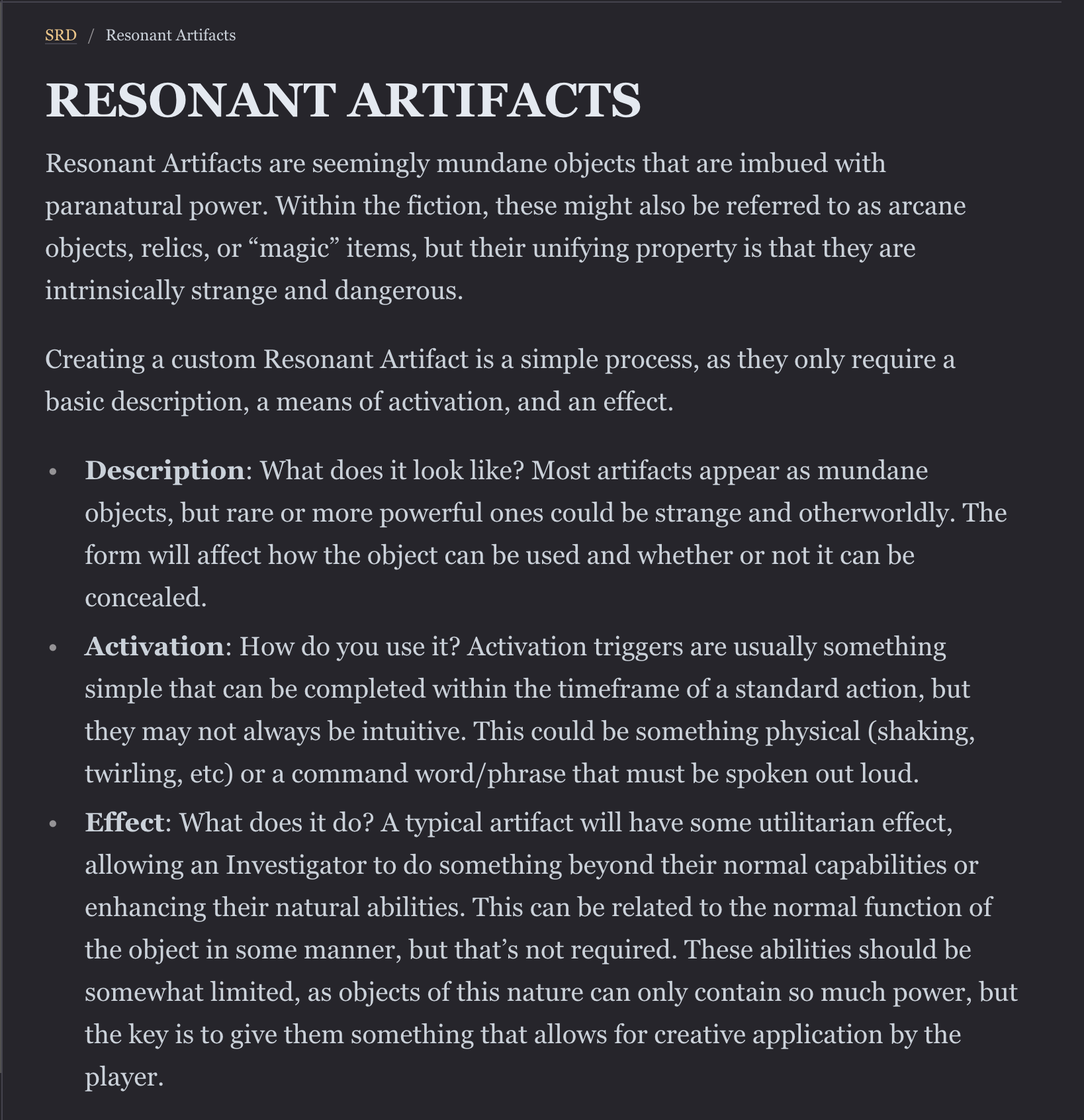 CREATING RESONANT ARTIFACTS (SRD)