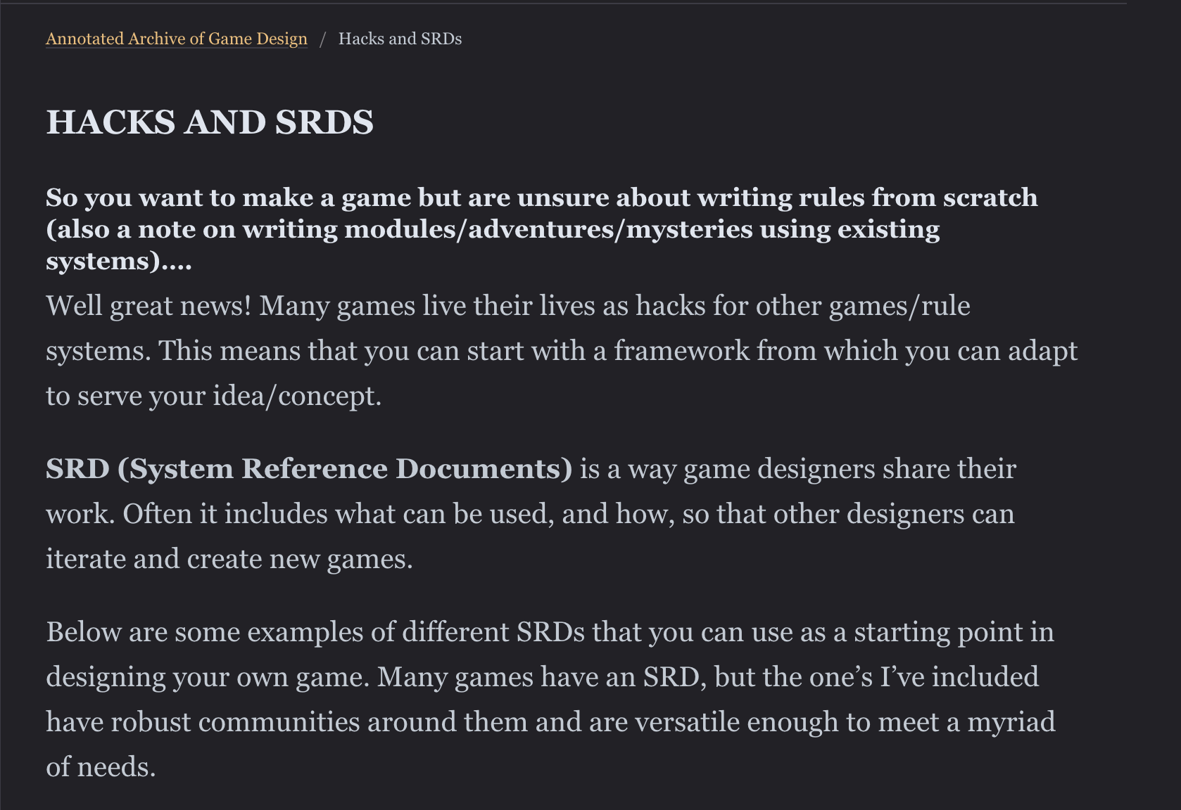 Hacks and SRDs (Annotated Archive)